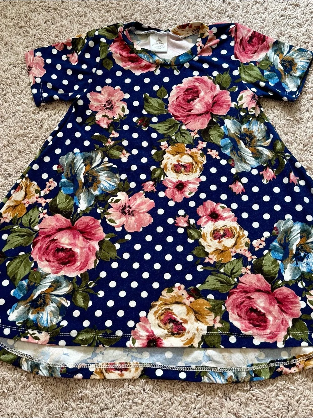 Handmade Laine Avery Navy Floral Polka Dot Swing Dress with Pink Accents